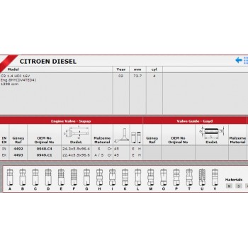 SİBOP TAKIMI 4492 4493 IN 8 EX 8 C3 1.4-16V DİZEL SİBOP TAKIMI 4492 4493 IN 8 EX 8 C3 1.4-16V DİZEL